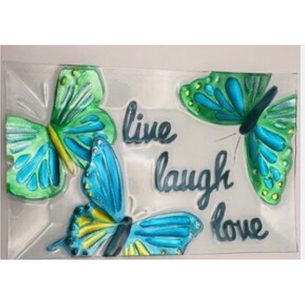 Sonoma Life Style Glass Wall Art Live Laugh Love Butterfly Turquoise Green 16x10